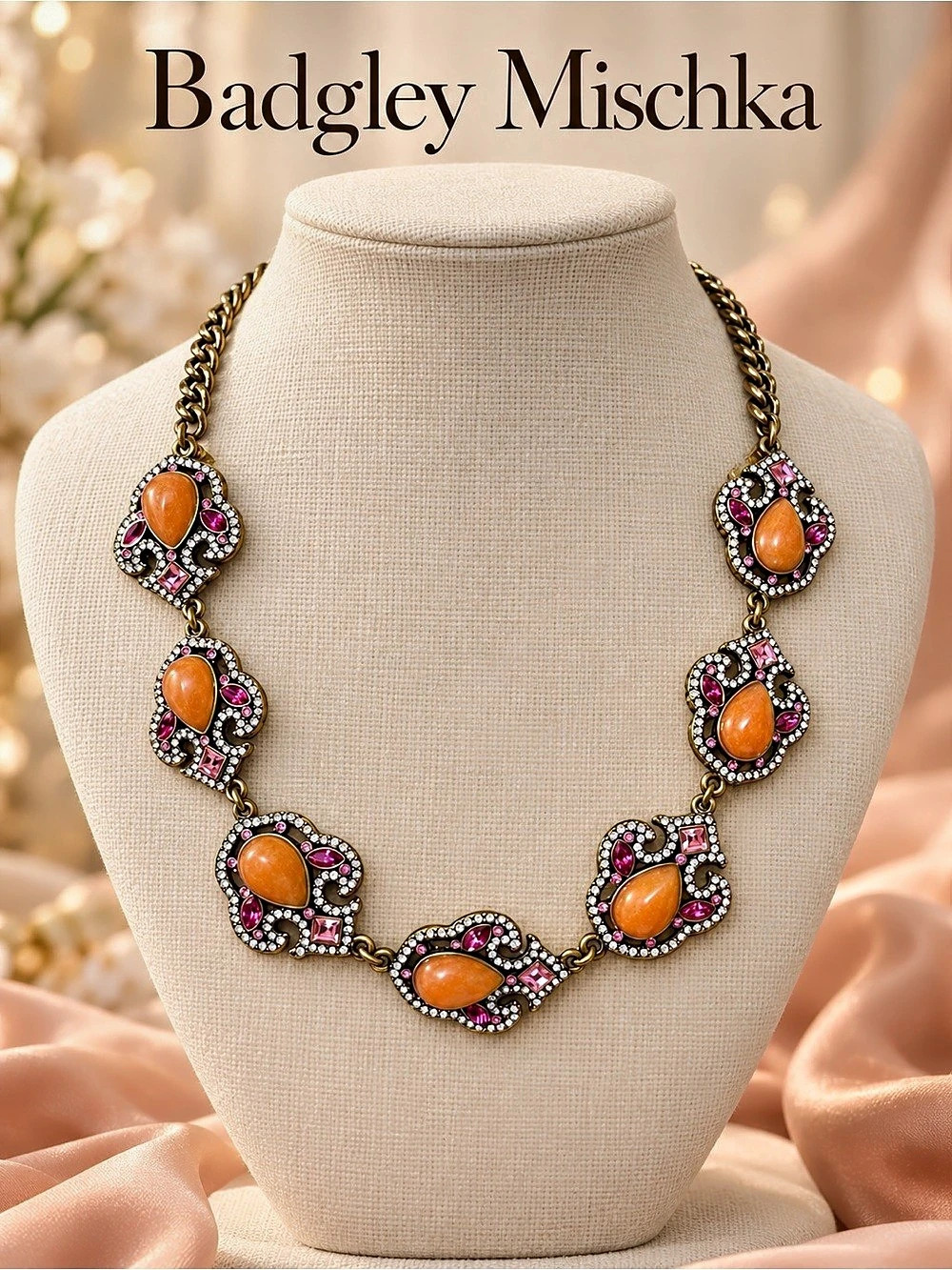 Badgley Mischka Statement Pendant Necklace in Gold & Orange 274